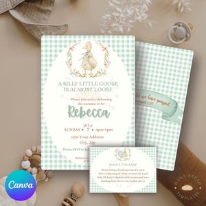 Silly Goose Baby Shower Invitation: Green Gingham, Scripture (Editable Template, Digital Download)