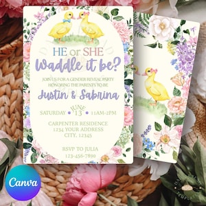 Duck Gender Reveal Invitation: Watercolor Baby Shower, Editable Template (Digital Download)