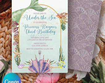 Little Mermaid Birthday Invitation | Elegant Watercolor Coral, Flounder & Sebastian Details | Mermaid | Princess Ariel-Inspired Party