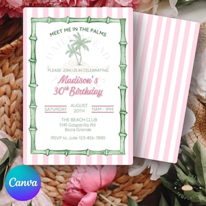 Palm Springs Birthday Invitation | Editable Party Invite with Pink Stripes, Bamboo Border & Palm Trees | Retro Vibes | Instant Download