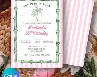 Palm Springs Birthday Invitation: Retro Pink Stripes, Bamboo Border (Instant Download)