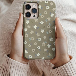 Boho Olive Green Soft Floral Pattern Tough Phone Case, Flower Design, Protective Cover, Gift for Her, iPhone, Samsung, Cell Phone Case