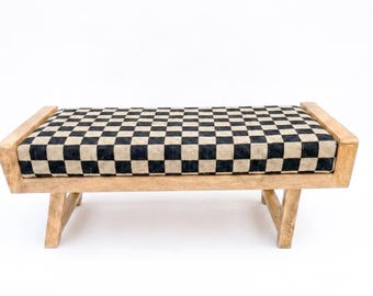 Solid Wood Checkered Bench, Upholstered Entryway Seating, Rustic Boho Ottoman