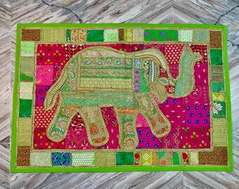 Patchwork Elephant Wall Hanging, Hand-Embroidered Tapestry, Bohemian Home Decor, Reclaimed Textiles 40x60 Inch