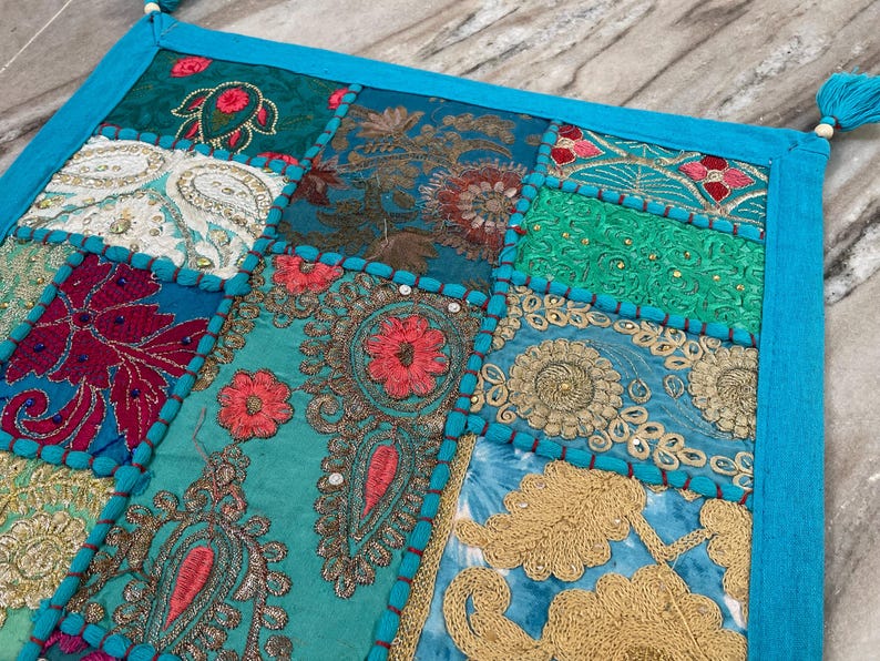 Boho Patchwork Table Runner, Hand-Embroidered Wall Hanging, Reclaimed Vintage Fabrics image 8