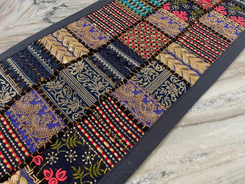 Boho Patchwork Table Runner, Hand-Embroidered Wall Hanging, Reclaimed Vintage Fabrics image 9