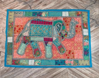 Patchwork Elephant Wall Hanging, Reclaimed Fabric, Hand-Embroidered Tapestry, Bohemian Home Decor textile 40x60 Inch