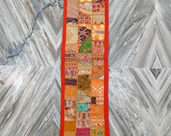Boho Patchwork Table Runner, Indian Hand-Embroidered Wall Hanging, Reclaimed Textiles, Hand-Stitched Runner