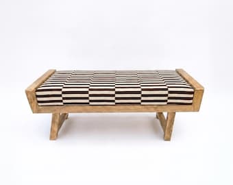 Solid Wood Bench, Brown White Checkered Upholstery, Mid-Century Modern Entryway Seating
