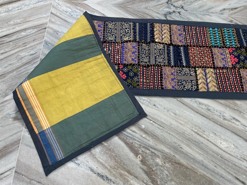 Boho Patchwork Table Runner, Hand-Embroidered Wall Hanging, Reclaimed Vintage Fabrics image 4