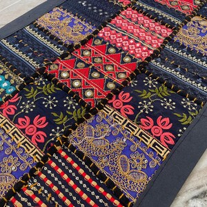 Boho Patchwork Table Runner, Hand-Embroidered Wall Hanging, Reclaimed Vintage Fabrics image 3