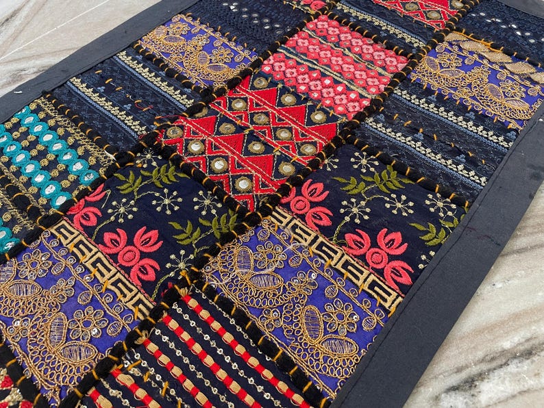 Boho Patchwork Table Runner, Hand-Embroidered Wall Hanging, Reclaimed Vintage Fabrics image 3