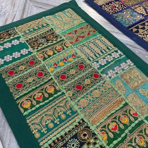 Boho Patchwork Table Runner, Hand-Embroidered Wall Hanging, Reclaimed Vintage Fabrics Green