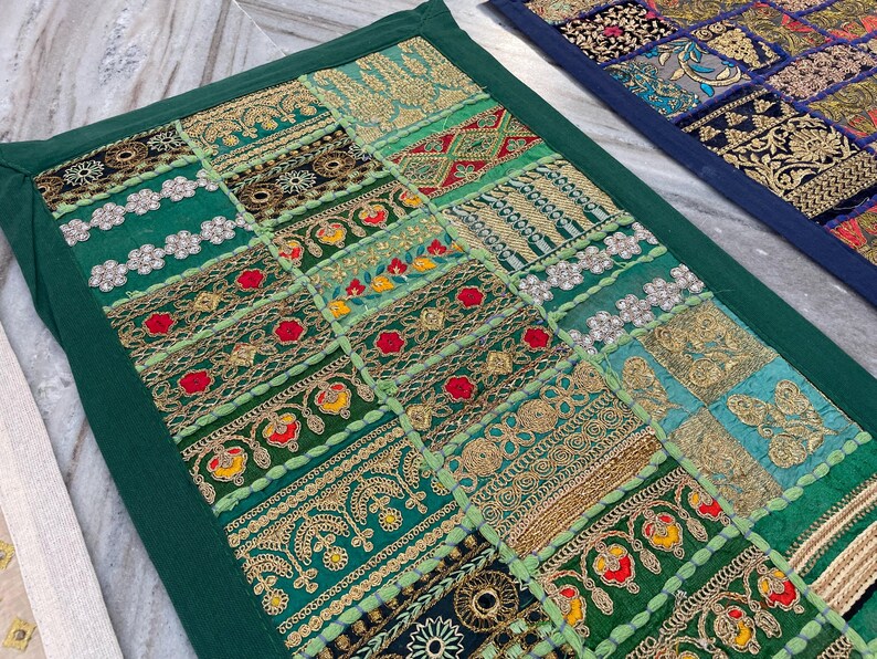 Boho Patchwork Table Runner, Hand-Embroidered Wall Hanging, Reclaimed Vintage Fabrics Green