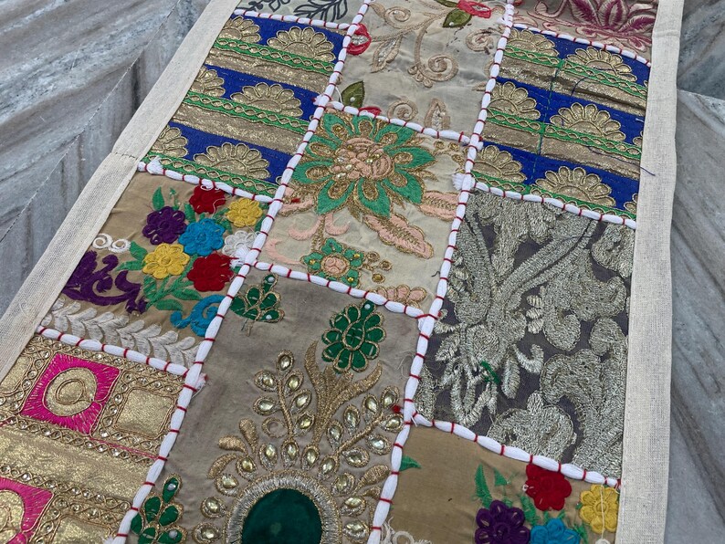 Boho Patchwork Table Runner, Hand-Embroidered Wall Hanging, Reclaimed Vintage Fabrics image 7