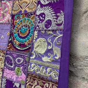 Boho Patchwork Table Runner, Hand-Embroidered Wall Hanging, Reclaimed Vintage Fabrics Purple