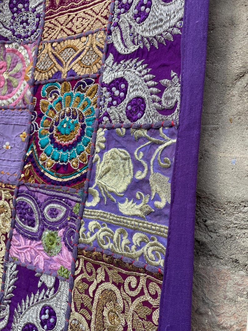 Boho Patchwork Table Runner, Hand-Embroidered Wall Hanging, Reclaimed Vintage Fabrics Purple