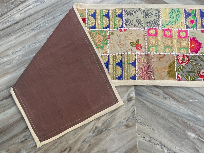 Boho Patchwork Table Runner, Hand-Embroidered Wall Hanging, Reclaimed Vintage Fabrics image 3
