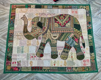 Patchwork Elephant Wall Hanging, Reclaimed Fabric Tapestry, Bohemian Ethnic Textile 80x100 Inch