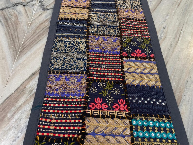 Boho Patchwork Table Runner, Hand-Embroidered Wall Hanging, Reclaimed Vintage Fabrics image 12