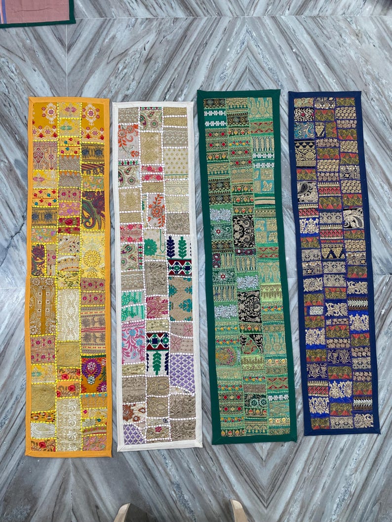 Boho Patchwork Table Runner, Hand-Embroidered Wall Hanging, Reclaimed Vintage Fabrics image 3