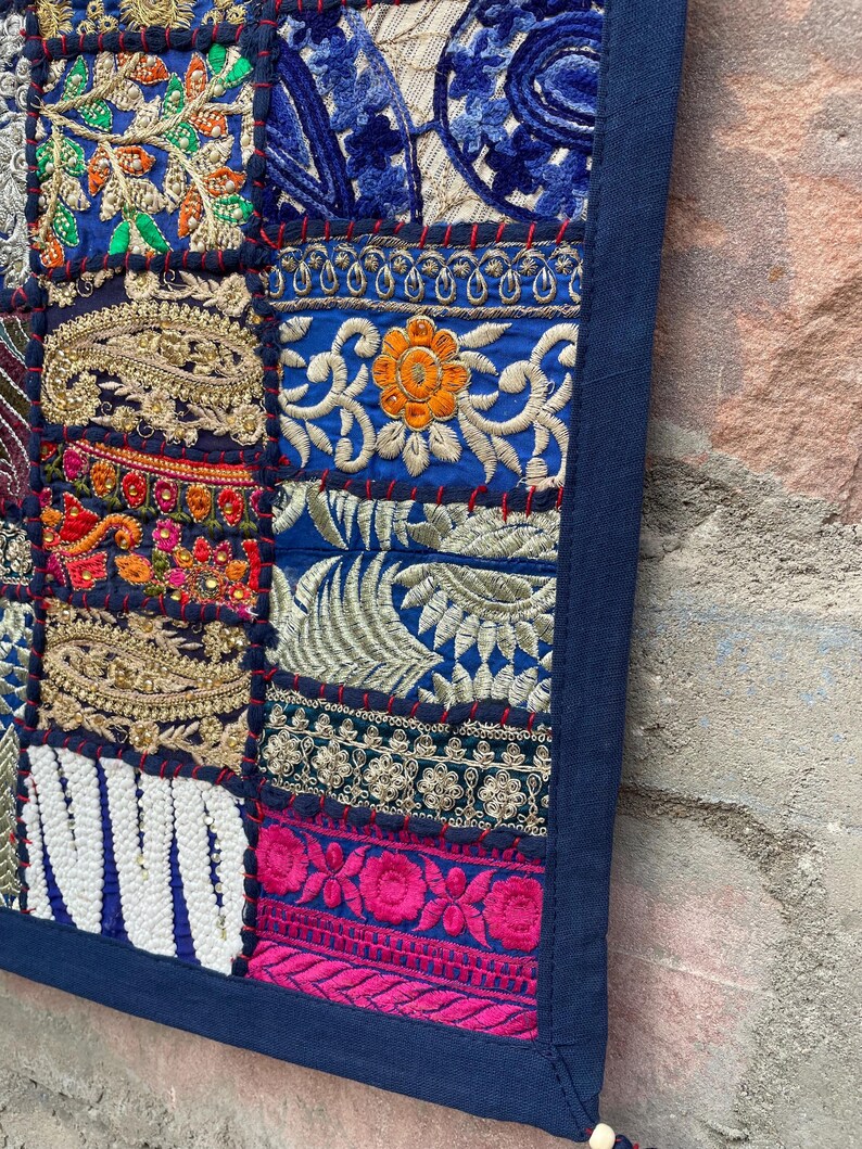Boho Patchwork Table Runner, Hand-Embroidered Wall Hanging, Reclaimed Vintage Textiles image 7