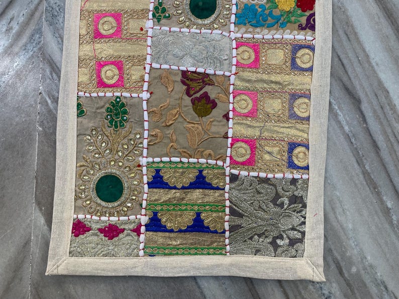 Boho Patchwork Table Runner, Hand-Embroidered Wall Hanging, Reclaimed Vintage Fabrics image 5