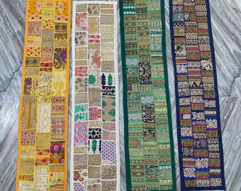Boho Patchwork Table Runner, Hand-Embroidered Wall Hanging, Reclaimed Vintage Fabrics