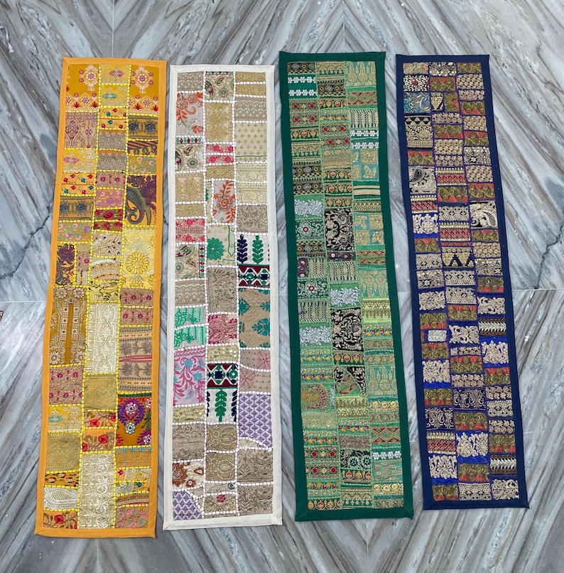 Boho Patchwork Table Runner, Hand-Embroidered Wall Hanging, Reclaimed Vintage Fabrics image 1