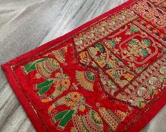 Boho Patchwork Table Runner, Indian Hand-Embroidered Wall Hanging, Reclaimed Textiles, Hand-Stitched Bohemian Decor