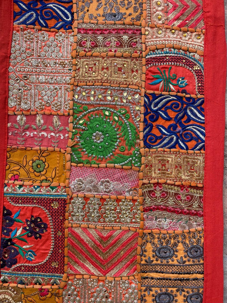 Boho Patchwork Table Runner, Hand-Embroidered Wall Hanging, Reclaimed Vintage Fabrics image 13