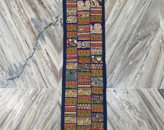 Boho Patchwork Table Runner, Indian Hand-Embroidered Wall Hanging, Reclaimed Textiles, Hand-Stitched Runner