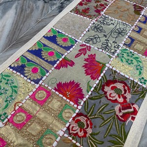 Boho Patchwork Table Runner, Hand-Embroidered Wall Hanging, Reclaimed Vintage Fabrics image 8