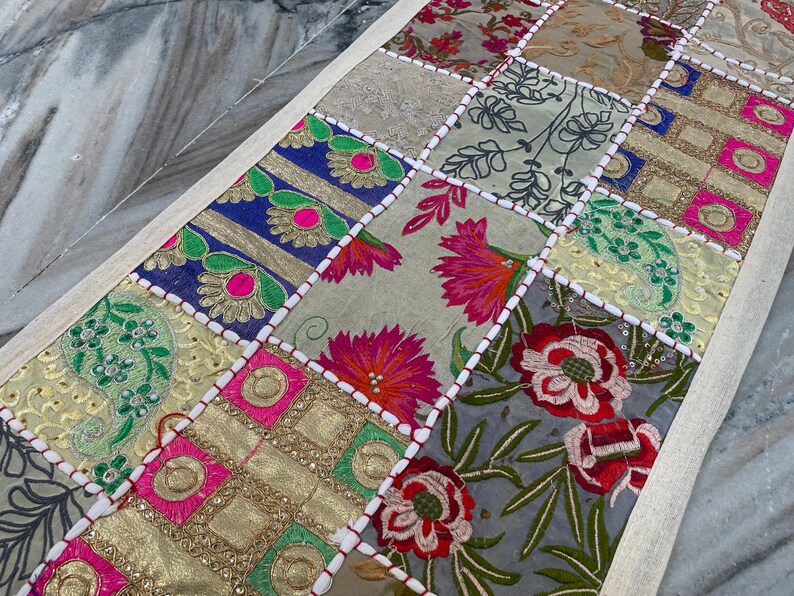 Boho Patchwork Table Runner, Hand-Embroidered Wall Hanging, Reclaimed Vintage Fabrics image 8