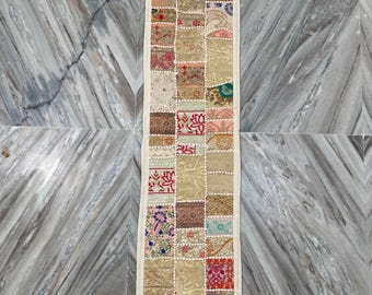 Boho Patchwork Table Runner, Hand-Embroidered Wall Hanging, Reclaimed Vintage Fabrics