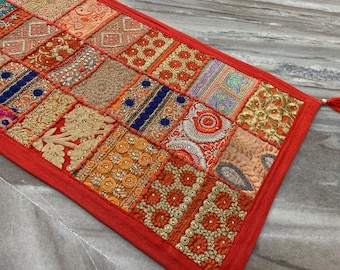 Boho Patchwork Table Runner, Indian Hand-Embroidered Wall Hanging, Reclaimed Textiles, Hand-Stitched Home Decor