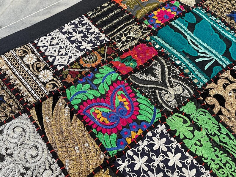 Boho Patchwork Table Runner, Hand-Embroidered Wall Hanging, Reclaimed Vintage Fabrics image 11