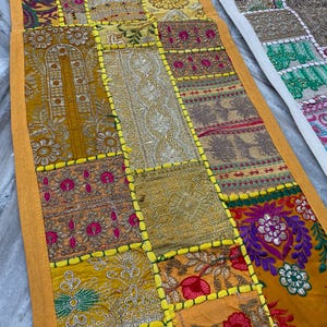 Boho Patchwork Table Runner, Hand-Embroidered Wall Hanging, Reclaimed Vintage Fabrics Yellow