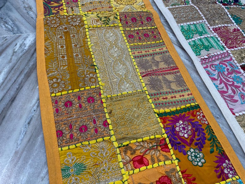 Boho Patchwork Table Runner, Hand-Embroidered Wall Hanging, Reclaimed Vintage Fabrics Yellow
