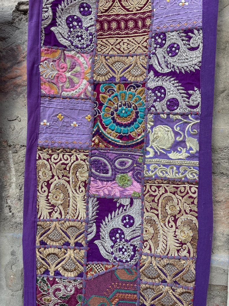 Boho Patchwork Table Runner, Hand-Embroidered Wall Hanging, Reclaimed Vintage Fabrics image 17