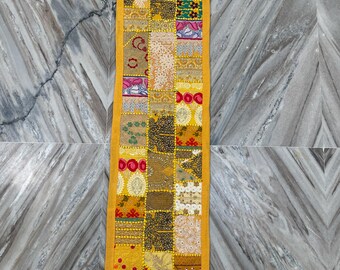 Boho Patchwork Table Runner, Indian Hand-Embroidered Wall Hanging, Reclaimed Textiles, Hand-Stitched Runner
