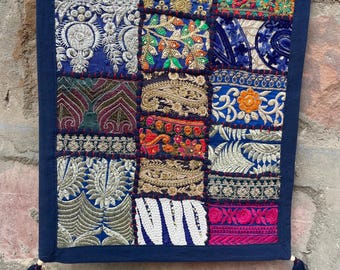 Boho Patchwork Table Runner, Hand-Embroidered Wall Hanging, Reclaimed Vintage Textiles