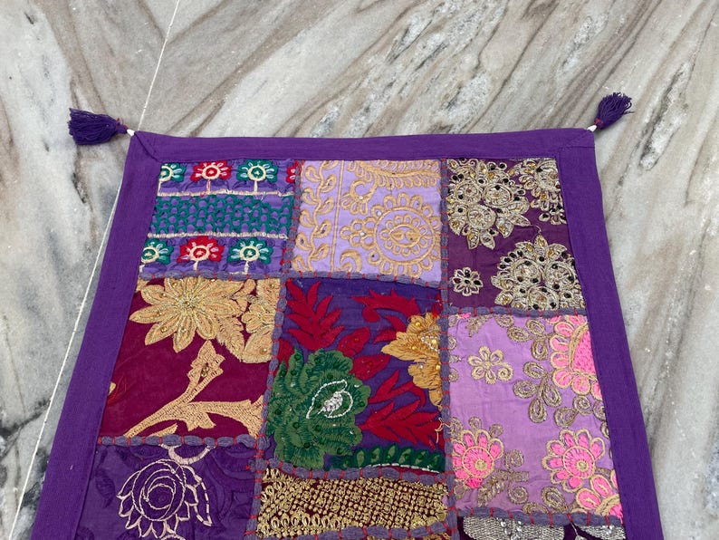 Boho Patchwork Table Runner, Hand-Embroidered Wall Hanging, Reclaimed Vintage Fabrics image 2