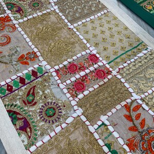 Boho Patchwork Table Runner, Hand-Embroidered Wall Hanging, Reclaimed Vintage Fabrics White