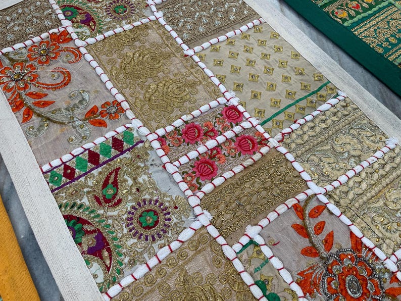 Boho Patchwork Table Runner, Hand-Embroidered Wall Hanging, Reclaimed Vintage Fabrics White