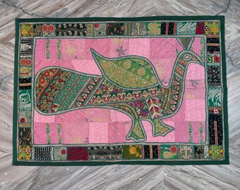 Patchwork Peocock Wall Hanging, Reclaimed Fabric, Hand-Embroidered Tapestry, Bohemian Home Decor textile 40x60 Inch