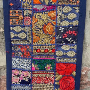 Boho Patchwork Table Runner, Hand-Embroidered Wall Hanging, Reclaimed Vintage Fabrics Blue