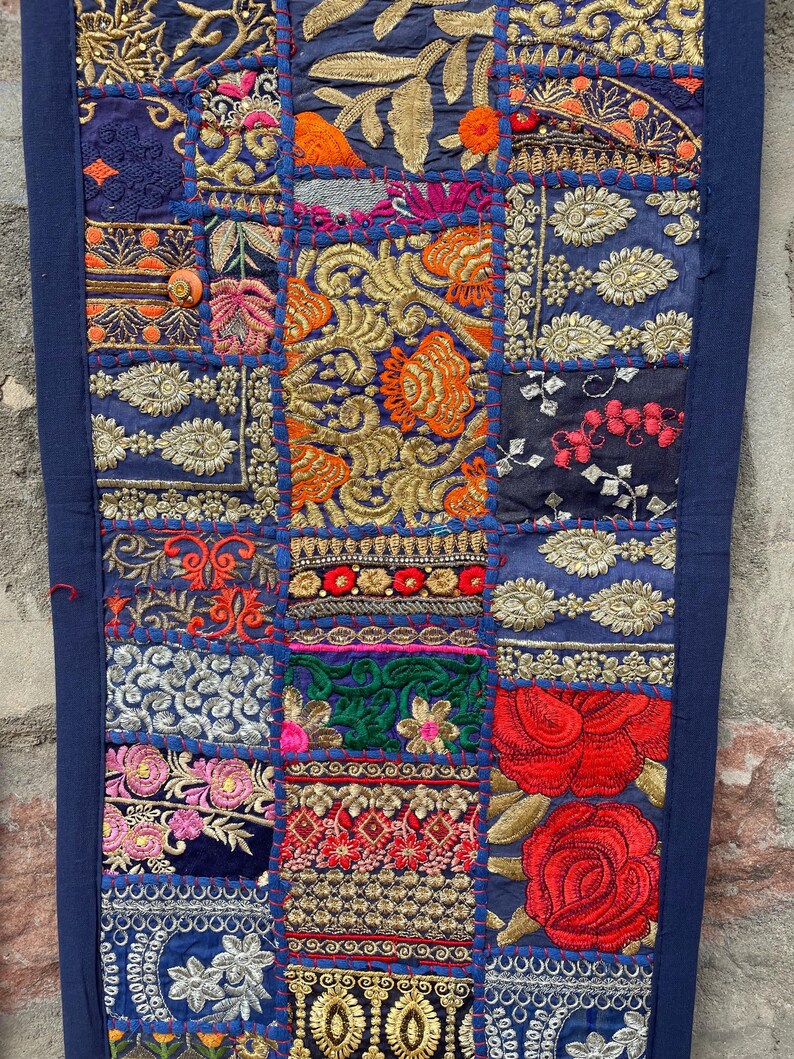 Boho Patchwork Table Runner, Hand-Embroidered Wall Hanging, Reclaimed Vintage Fabrics Blue