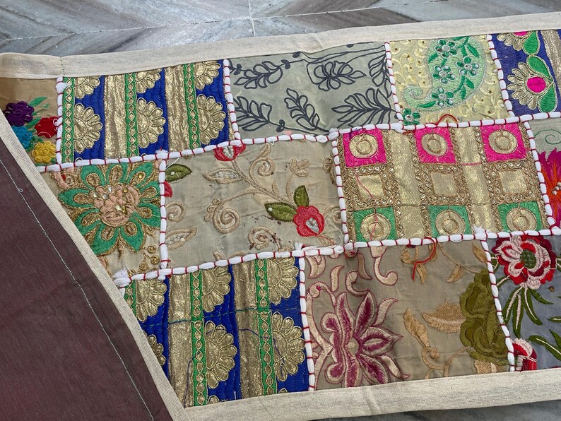Boho Patchwork Table Runner, Hand-Embroidered Wall Hanging, Reclaimed Vintage Fabrics image 4