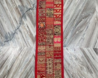Boho Patchwork Table Runner, Indian Hand-Embroidered Wall Hanging, Reclaimed Vintage Fabrics